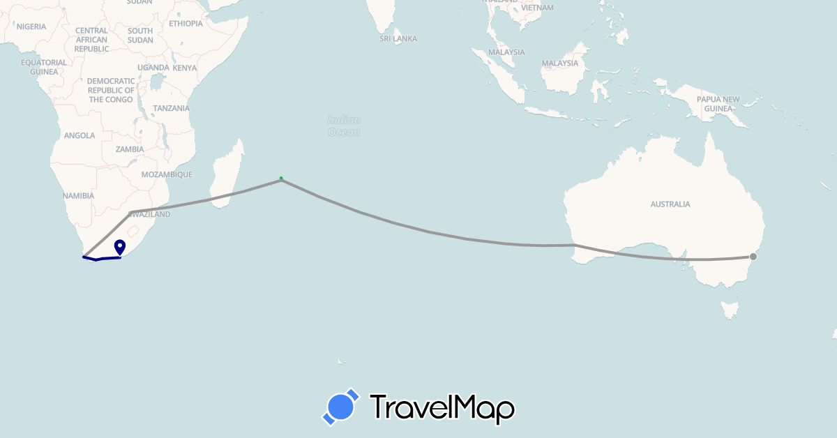 TravelMap itinerary: driving, bus, plane in Australia, Mauritius, South Africa (Africa, Oceania)